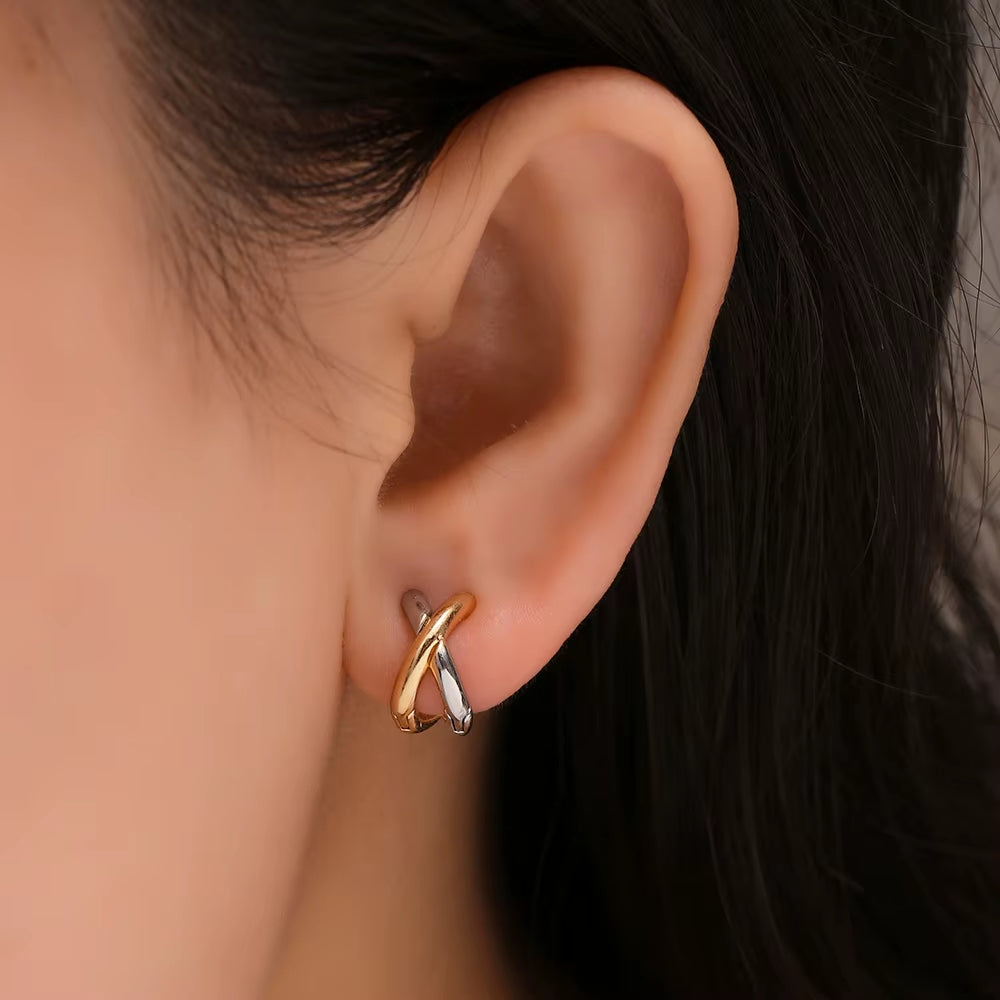 Punk Gold Plated Silver Color Mixing Metal Criss-Cross Earrings for Women Geometric Small Ear Bone Aros Huggie Hoops Jewelry