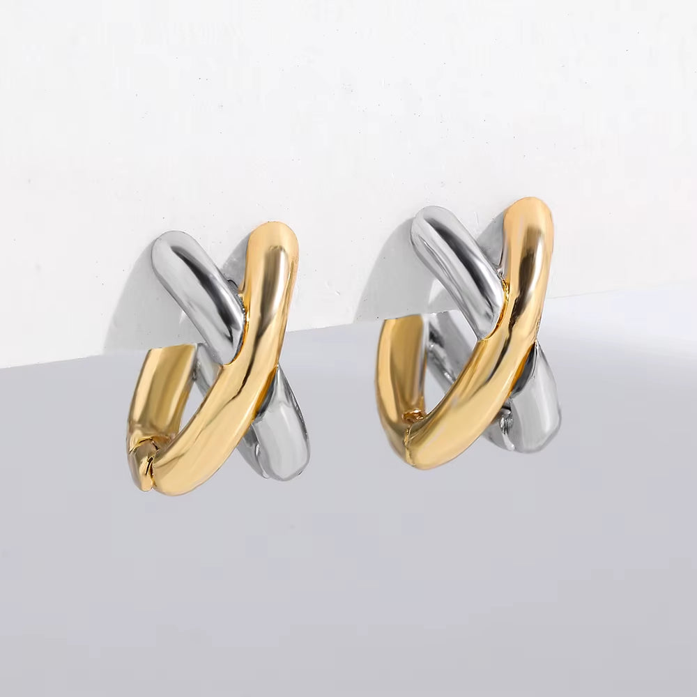 Punk Gold Plated Silver Color Mixing Metal Criss-Cross Earrings for Women Geometric Small Ear Bone Aros Huggie Hoops Jewelry