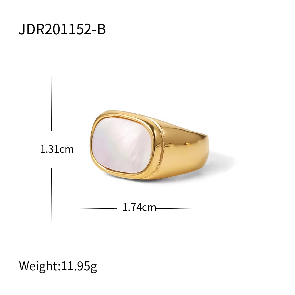 Uworld Stainless Steel 18K Gold-Plated Inlaid Shell Ring Statement Metal Texture Fashion Finger Joyería Acero Inoxidable Mujer